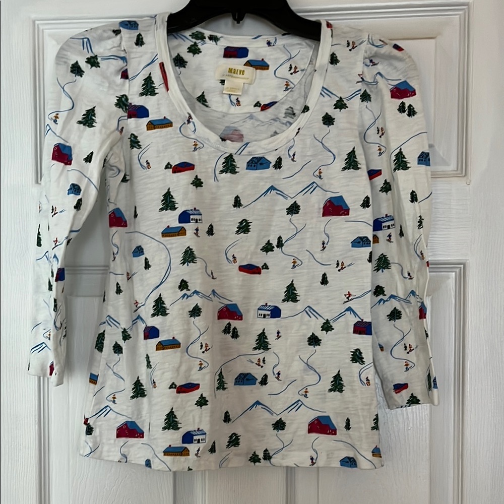Maeve Christmas print puff sleeve Shirt with trees and ski motifs